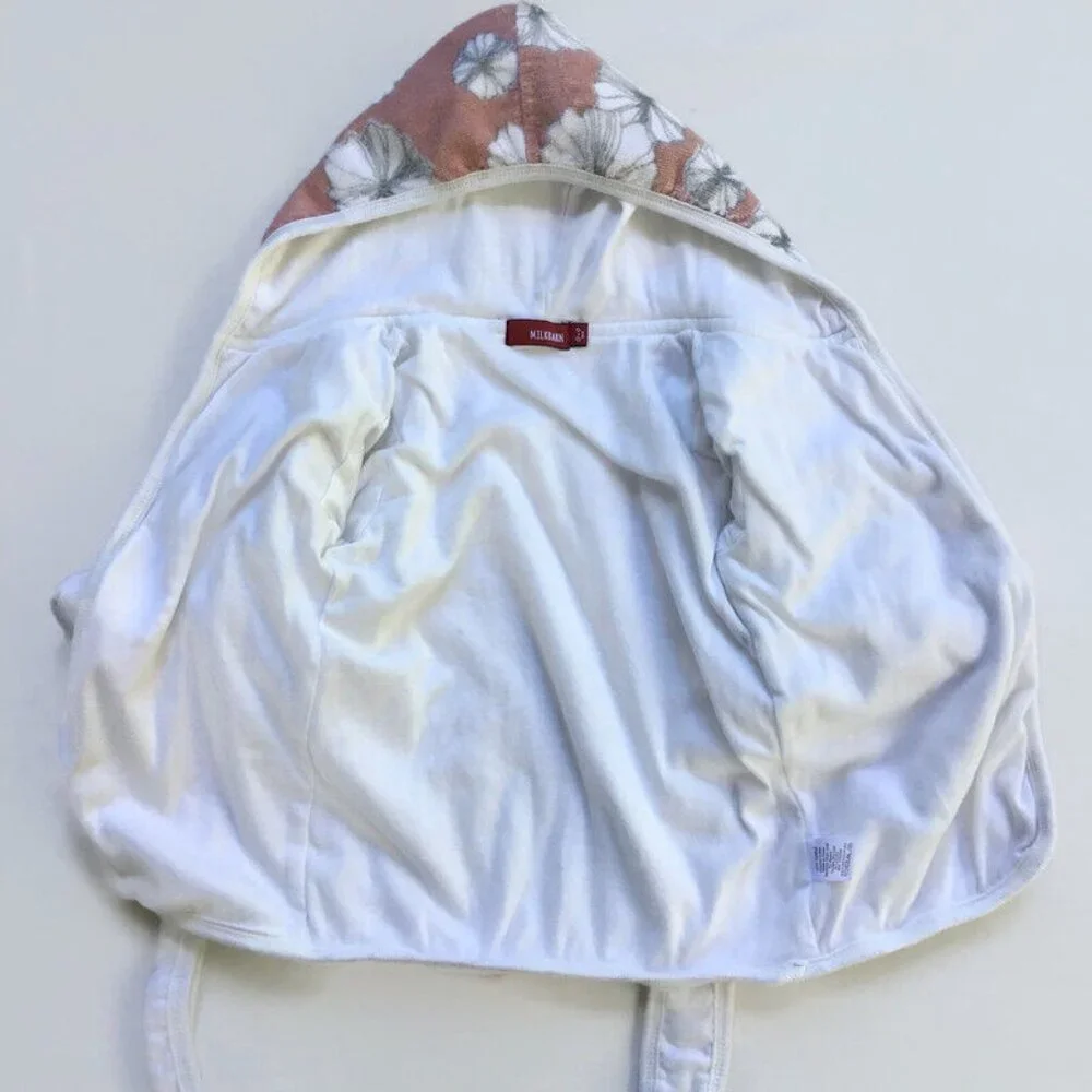 Milkbarn Hooded Bath Robe Infant Girl 0-9 Mos. Pink White Floral Organic Cotton